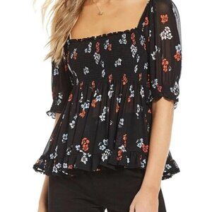 Free People Delta Dawn Midnight Combo Black Blouse with Red Floral Design NWT